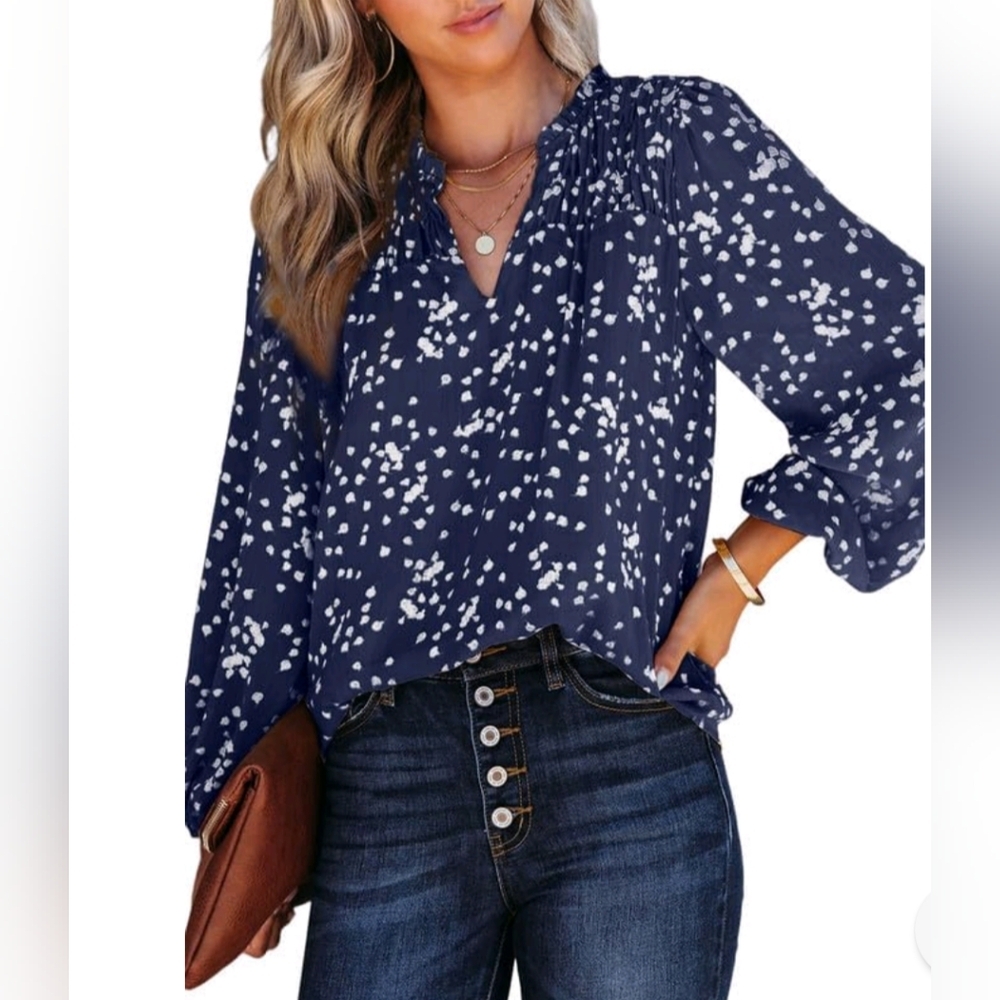 Dokotoo Alicia Floral Blouse Medium Navy White V-Neck Smocked Long Sleeve Office - Picture 13 of 13